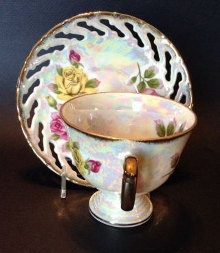 Pedestal Teacup And Reticulated Saucer - Yellow Pink Roses - Gold Rims - Japan 6