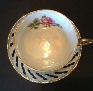 Pedestal Teacup And Reticulated Saucer - Yellow Pink Roses - Gold Rims - Japan 7