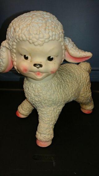 Vintage The Sun Rubber Company 1961 Lamb Swivel Head Toy On Glass Rollers 10”