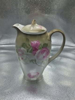 Antique Z.  S.  & Co Bavaria Germany Chocolate Tea Pot Green Pink Roses Gold