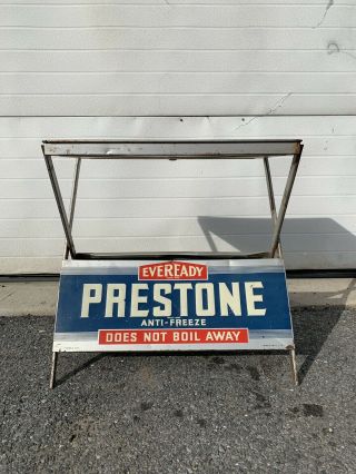 Prestone Antifreeze Table Shelf Can Metal Vintage Sign Gas Oil Garage Pump
