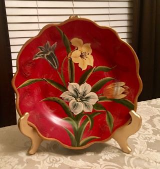 Red Hand Painted Ceramic Plate Gold Scalloped Edges Floral Pattern