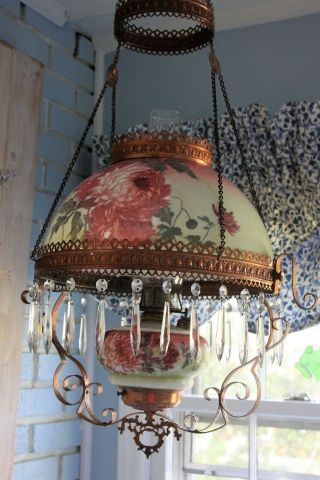 Antique E.  Miller? Hanging Oil Library Kerosene Parlor Lamp with floral Shade 10