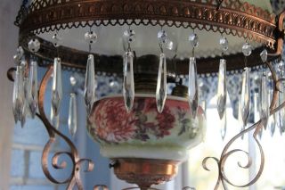 Antique E.  Miller? Hanging Oil Library Kerosene Parlor Lamp with floral Shade 11