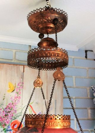 Antique E.  Miller? Hanging Oil Library Kerosene Parlor Lamp with floral Shade 12