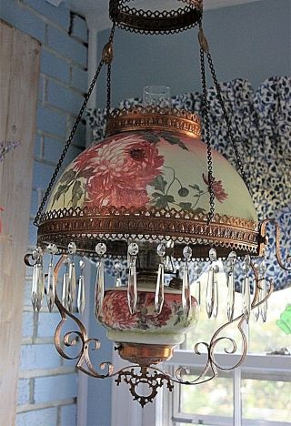 Antique E.  Miller? Hanging Oil Library Kerosene Parlor Lamp With Floral Shade