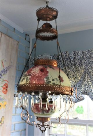 Antique E.  Miller? Hanging Oil Library Kerosene Parlor Lamp with floral Shade 2