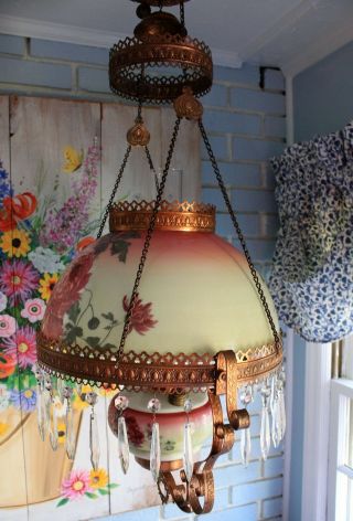Antique E.  Miller? Hanging Oil Library Kerosene Parlor Lamp with floral Shade 4