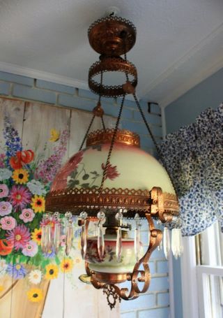 Antique E.  Miller? Hanging Oil Library Kerosene Parlor Lamp with floral Shade 5