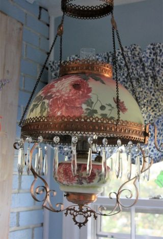 Antique E.  Miller? Hanging Oil Library Kerosene Parlor Lamp with floral Shade 6