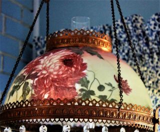 Antique E.  Miller? Hanging Oil Library Kerosene Parlor Lamp with floral Shade 7