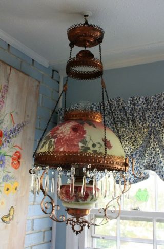 Antique E.  Miller? Hanging Oil Library Kerosene Parlor Lamp with floral Shade 9