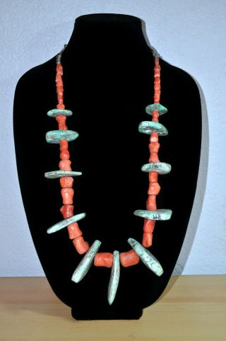 Unique Vintage Turquoise Necklace From Old Stock With Red Coral 34 Inches Long