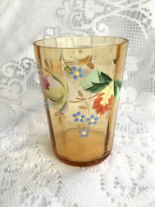 Antique Amber Rib Optic Enameled Floral Tumbler Glass 1