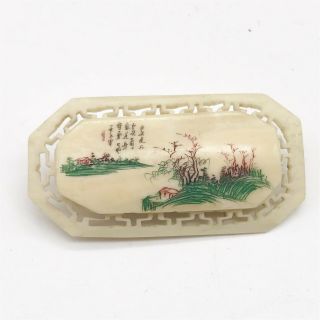 Antique Chinese Japanese Carved Hand Painted Signed Cut Work Pin Brooch
