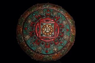 Chinese Antique Tibetan Buddhism Old Copper Inlaid Gem Mandala Hanging Ornament