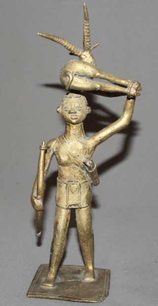 Vintage African Folk Hand Made Bronze Figurine Hunter Bowman Carry Antelope