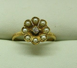 Lovely Antique 18 Carat Gold Pearl And Diamond Daisy Ring Size N.  1/2