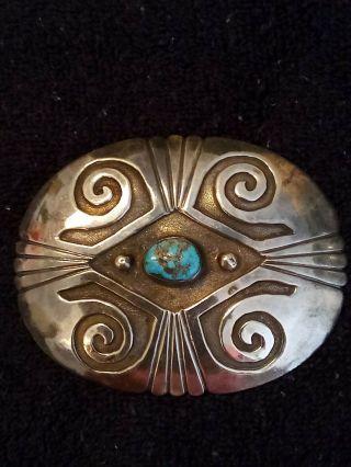 Navajo Signed Vintage Sterling Silver Turquoise Belt Buckle