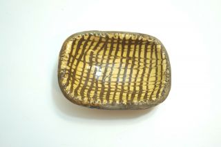 Vintage / Antique Redware Pottery Yellow Slip Decorated Small Trinket Tray 5 "