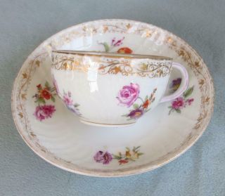 Antique Kpm Porcelain Demitasse Cup & Saucer Dresden Flowers Gold Trim