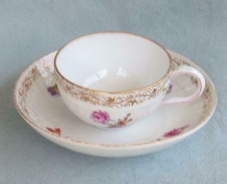 ANTIQUE KPM PORCELAIN DEMITASSE CUP & SAUCER DRESDEN FLOWERS GOLD TRIM 2