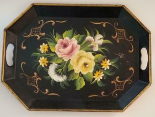 Lge 18 " Antique Toleware Tole Hand Painted Metal Serving Tray Floral Flowers