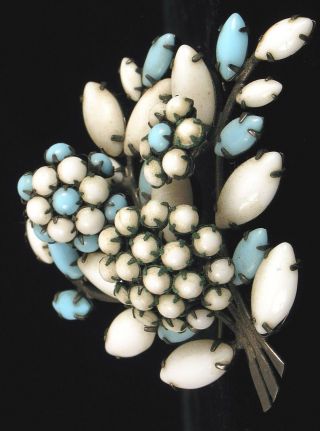 Antique Schreiner York Blue,  White Milk Glass Flower Bouquet Brooch Pin Wow