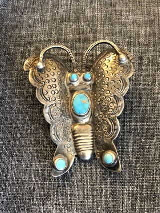 Vntg Native American Navajo Signed Butterfly Sterling And Turquoise Brooch