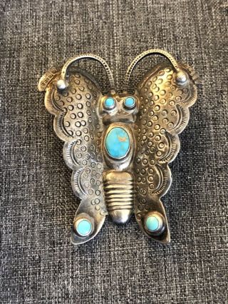 Vntg Native American Navajo Signed Butterfly Sterling And Turquoise Brooch 3