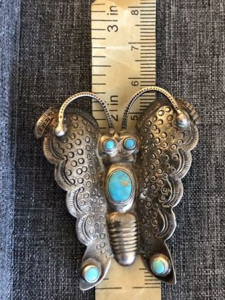 Vntg Native American Navajo Signed Butterfly Sterling And Turquoise Brooch 4