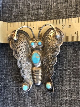 Vntg Native American Navajo Signed Butterfly Sterling And Turquoise Brooch 5