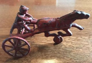 Antique Cast Iron Red Painted Jockey Horse Carriage Sculpture