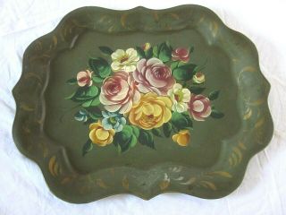 18 3/4 " 1950s Vintage Large Hand Painted Floral Chippendale Metal Tole Tray