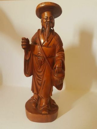 Vintage Chinese Carved Wood Figure Of Oriental Elder 14inches Tall