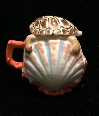 Antique Shell Shaped Tea Cup With Coral Like Handle And Turtle Cover