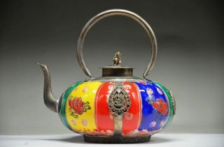 Delicate Chinese Silver Inlaid Porcelain Handmade Carved Monkey Teapot