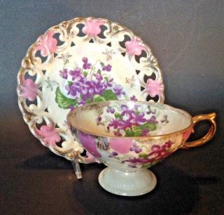 Pedestal Cup And Reticulated Saucer - Pink And White Luster With Violets - Japan