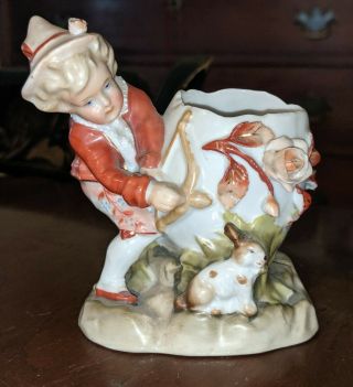 Antique German Porcelain Figural Vase Boy & Rabbit