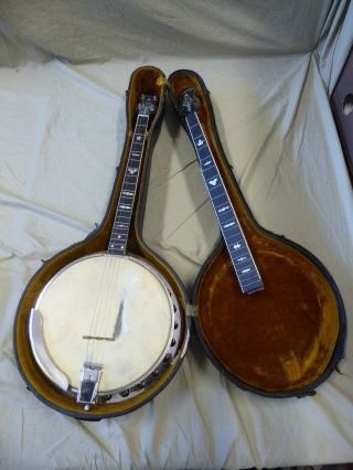 Antique 1930s Liberty 4 - String Banjo,  5 - String Neck,  Wood Inlay Resonator &case