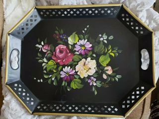 Large Vintage Toleware Floral Nashco Tole Metal Painted Tray 15 " X 20 "