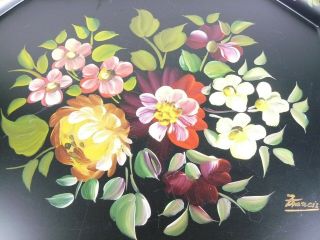 Vintage Toleware Serving Tray 14x17 Floral Design Hand Painted Artist Signed