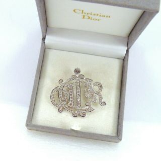 Vintage Christian Dior Rhinestone Monogram Logo Brooch With Swarovski Crystals