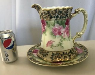8” Antique Hand Painted Decorated Water Pitcher Plate Porcelain Roses Ornate