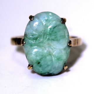 Art Deco Pale Green Carved Jade 9ct Yellow Gold Ring O 1/2 7 1/2