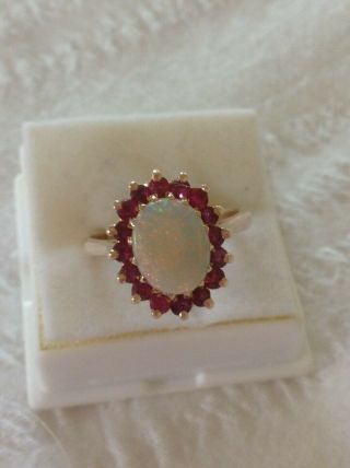 Vintage Opal Yellow Gold Ring with Red Stones Ruby / Garnet ? Val $2,  000 3