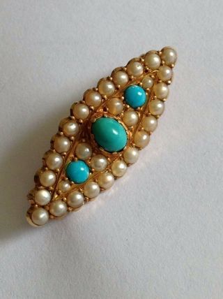 Pretty Victorian 18ct Gold Turquoise & Seed Pearl Set Brooch