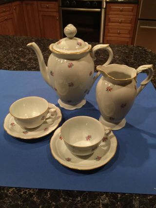 Antique Coffee Pot,  Creamer And Two Cups And Saucers From Prague