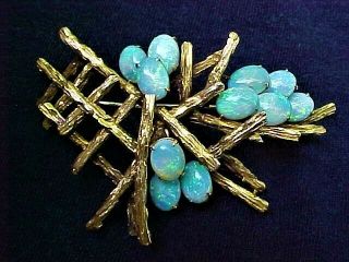 Vintage Hand Crafted Signed Mid Century Modern 14K Gold Pin w/ Exceptional Opals 10