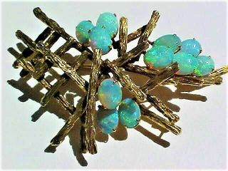 Vintage Hand Crafted Signed Mid Century Modern 14K Gold Pin w/ Exceptional Opals 12